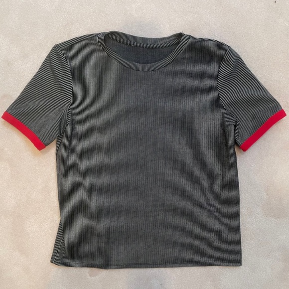 Zara womens pin striped knit tee short sleeve size S grey and red - Picture 2 of 2